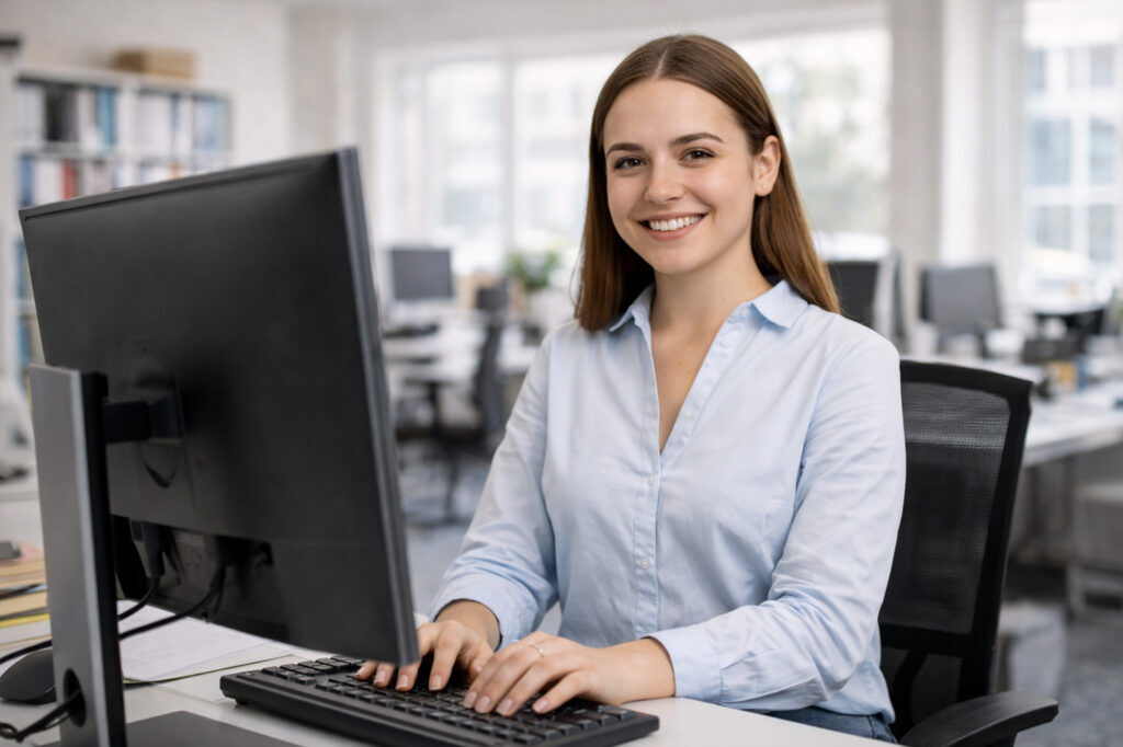 Junge Frau sitzt an einem Computerarbeitsplatz im Büro und lächelt in die Kamera