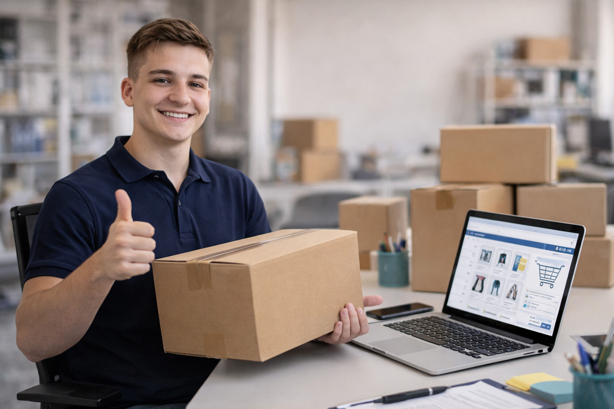 Junger Mann mit Paket vor Laptop in einem Büro- und Lagerumfeld als Motiv für E-Commerce und Versandabwicklung