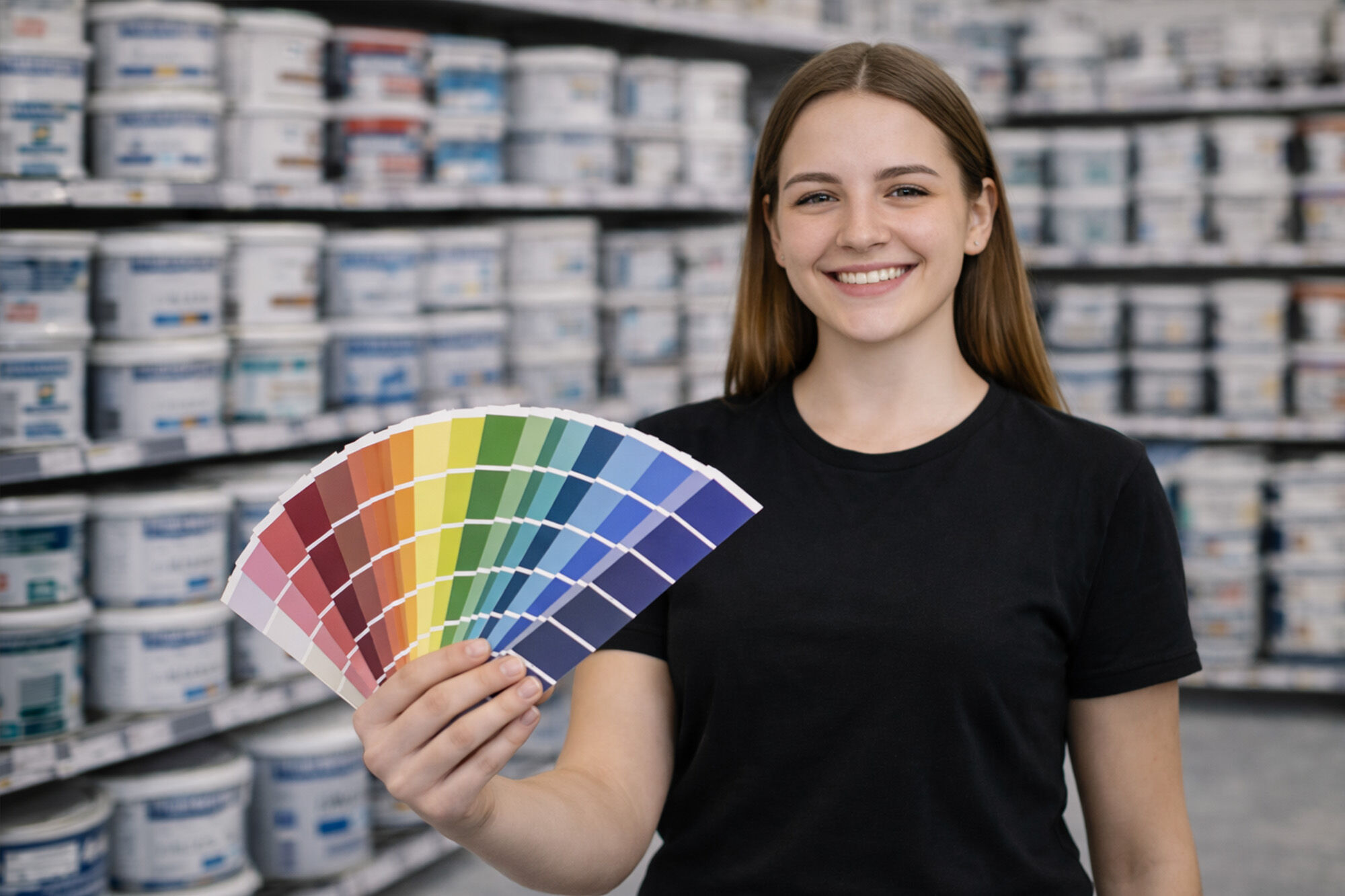 Auszubildende im schwarzen Shirt zeigt großen Farbfächer vor Farbregalen im Fachmarkt - Ausbildung Einzelhandel