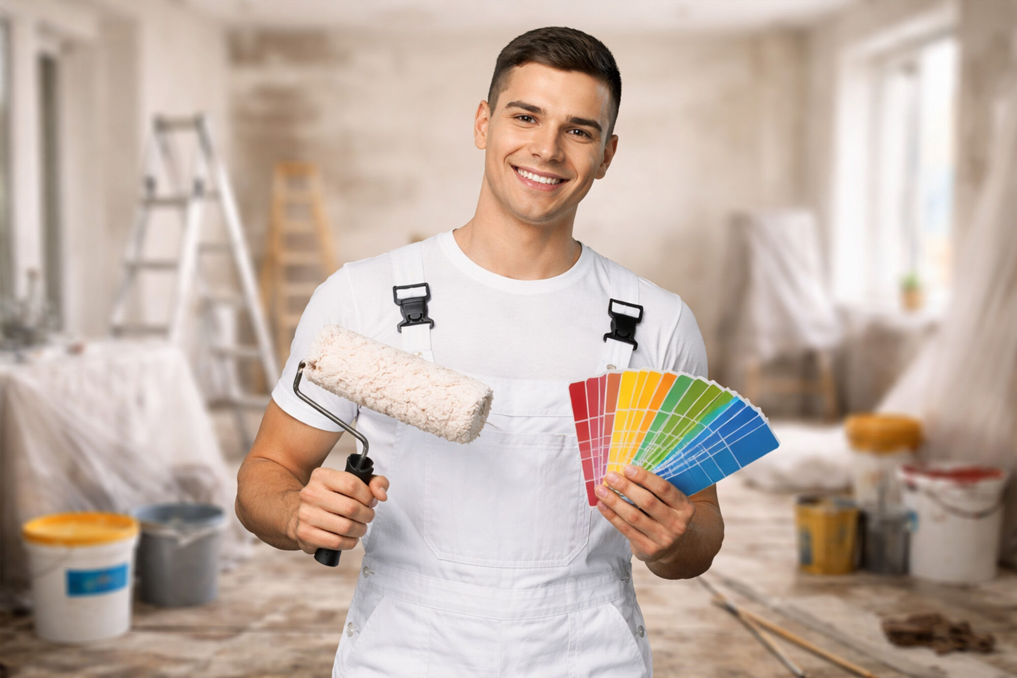 Junger Mann in Malerbekleidung hält eine Farbrolle und einen Farbfächer in einem renovierungsbedürftigen Innenraum