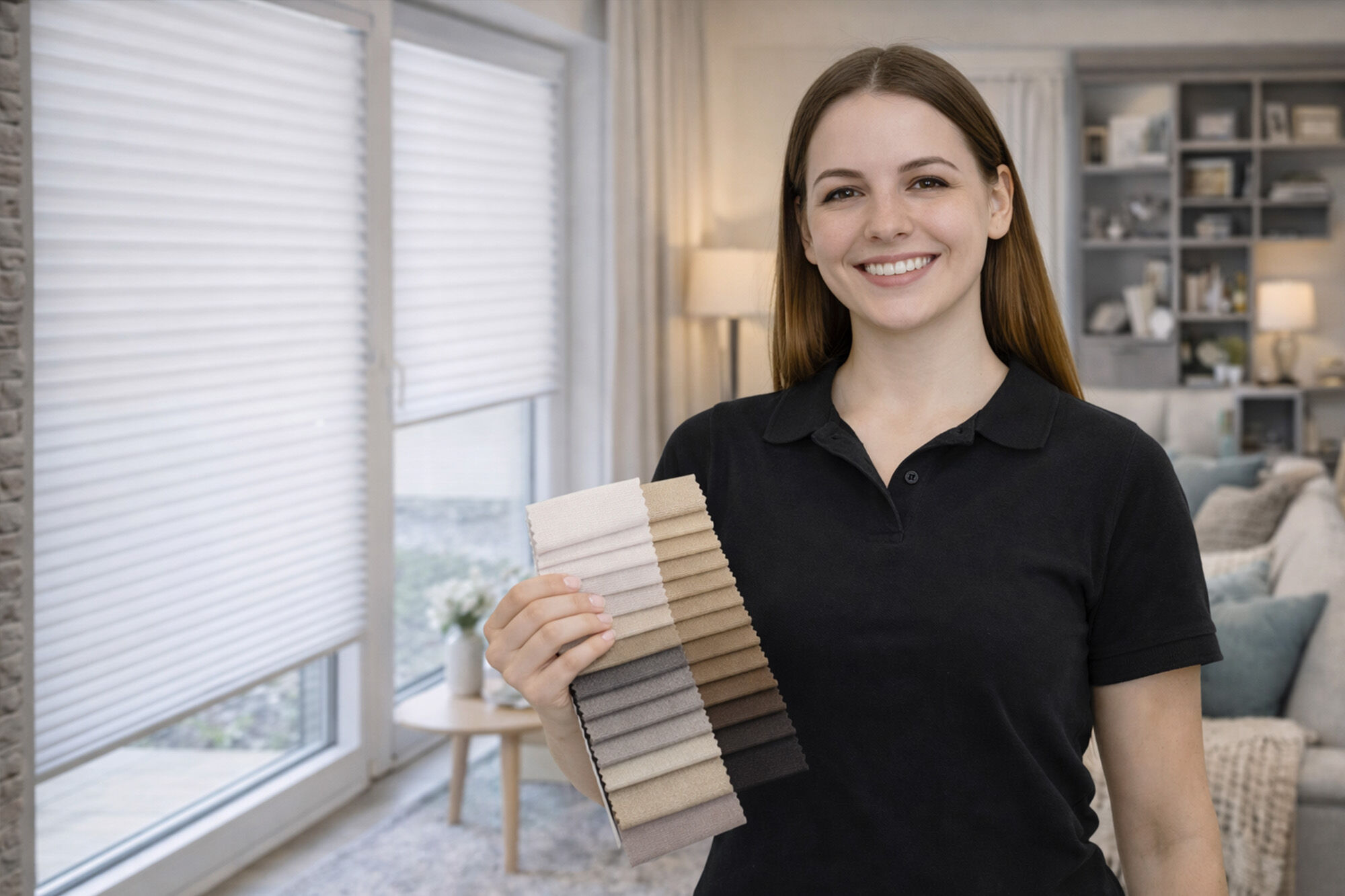 Auszubildende Raumausstatterin im schwarzen Polo mit Stoffmustern in modernem Wohnzimmer - Ausbildung Raumausstatter