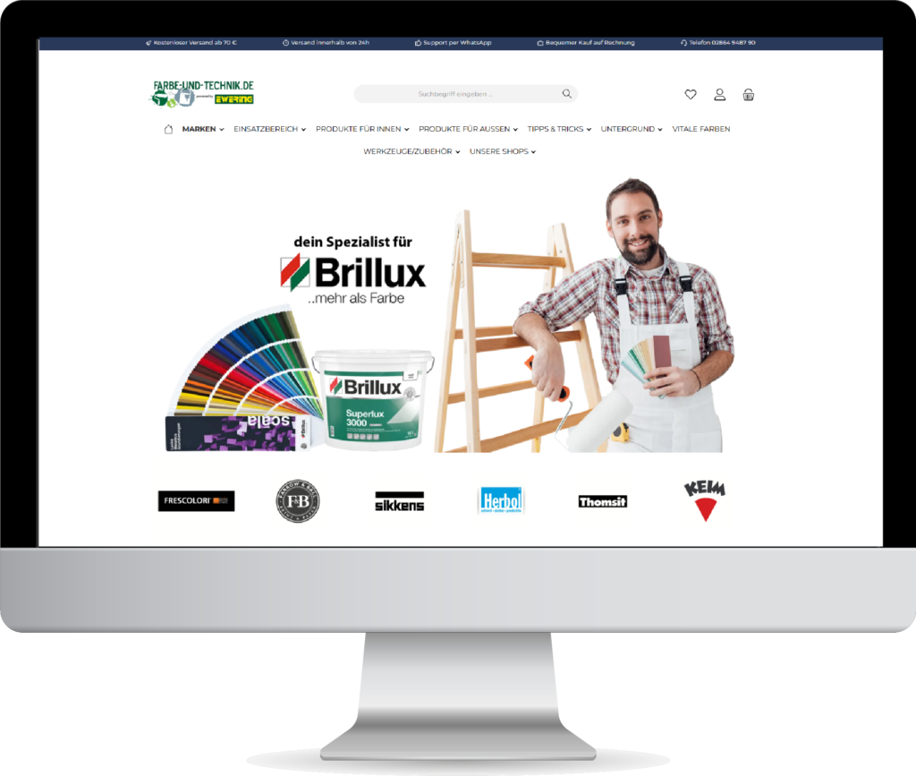 Bildschirmansicht des Ewering-Onlineshops Farbe-und-Technik.de mit Startseite, Markenübersicht und Produkten für Farbe, Werkzeug und Malerbedarf