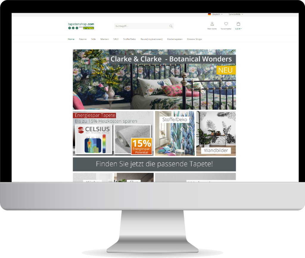 Bildschirmansicht des Ewering-Onlineshops tapetenshop.com mit Startseite, Tapetenkategorien, Marken und Wohnideen