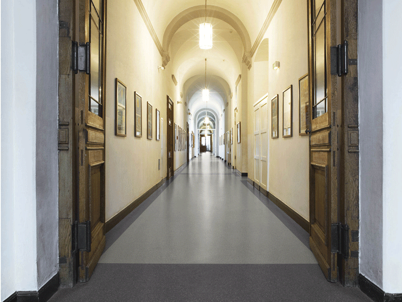 Langer Schulflur mit hochwertig verlegtem Objektboden in Hellgrau und dunkler Randgestaltung. Das Bild zeigt sauber ausgeführte Bodenbelagsarbeiten in einem stark frequentierten Bildungsbereich.