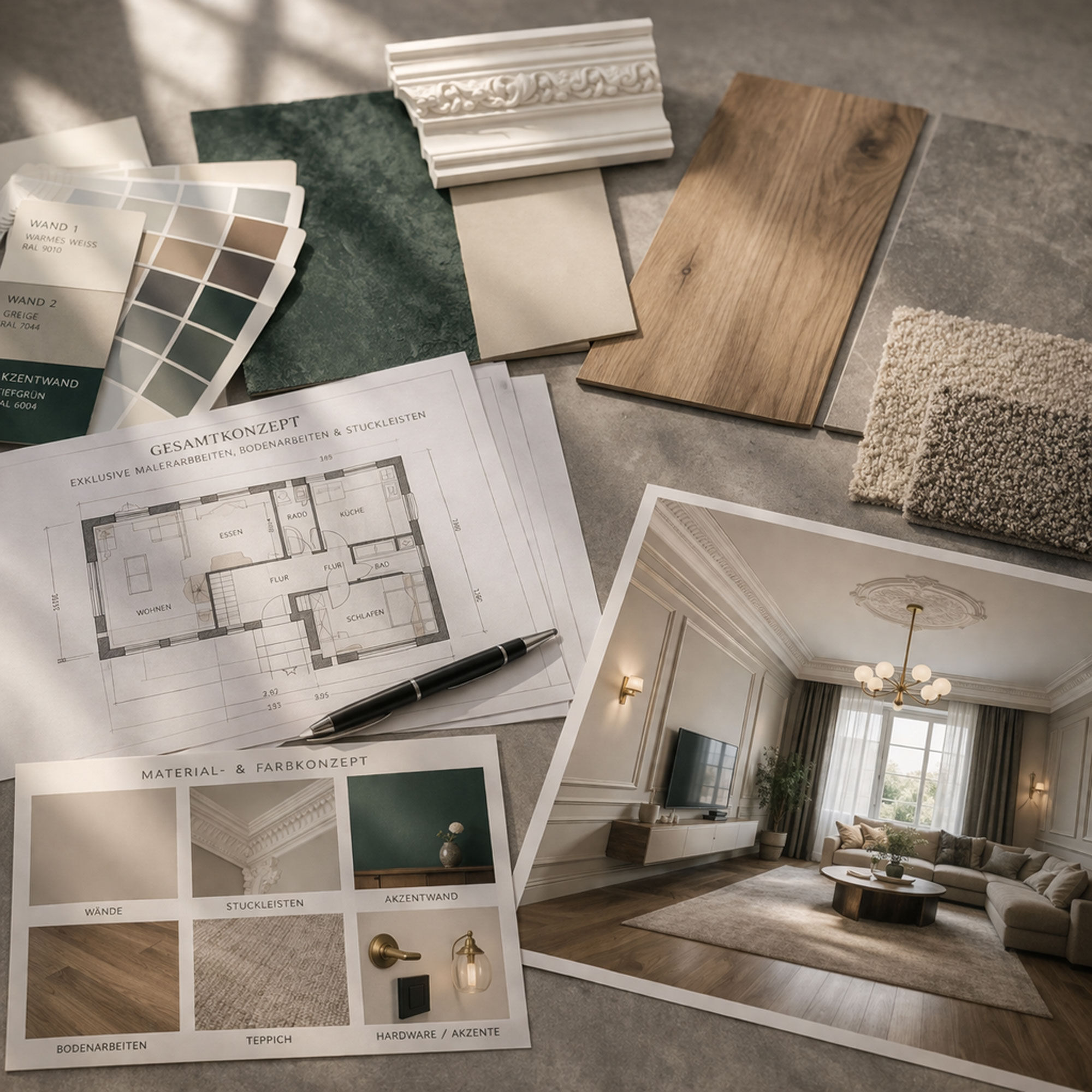 Moodboard mit Materialproben, Farbfächern und Stuckleisten zur Exklusivplanung - Exklusivarbeiten