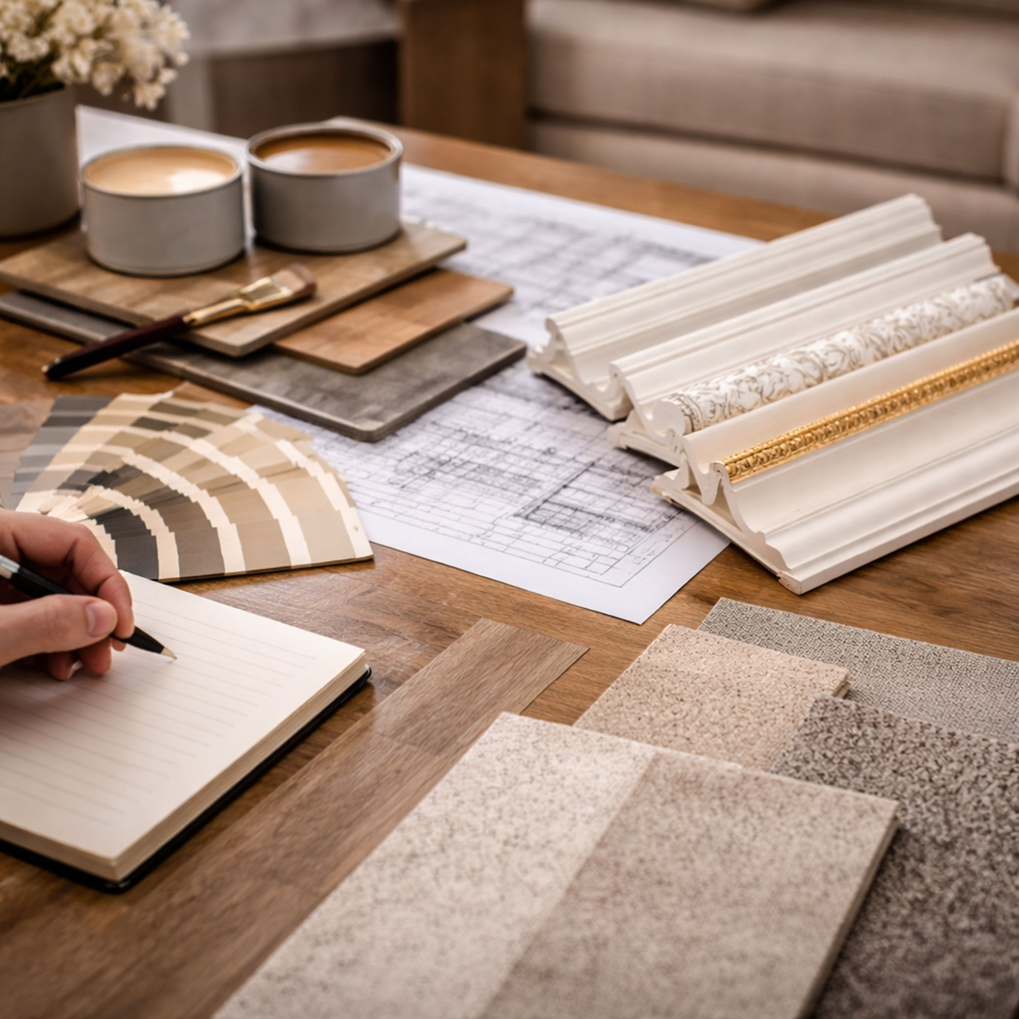 Hand bei der Planung am Holztisch mit Farbfächer, Profilen und Materialproben - Exklusivarbeiten