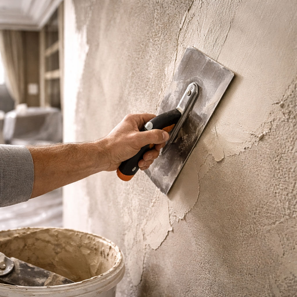 Hand spachtelt Wand mit Glättkelle in Frescolori-Technik im hellen Innenraum - Exklusivarbeiten