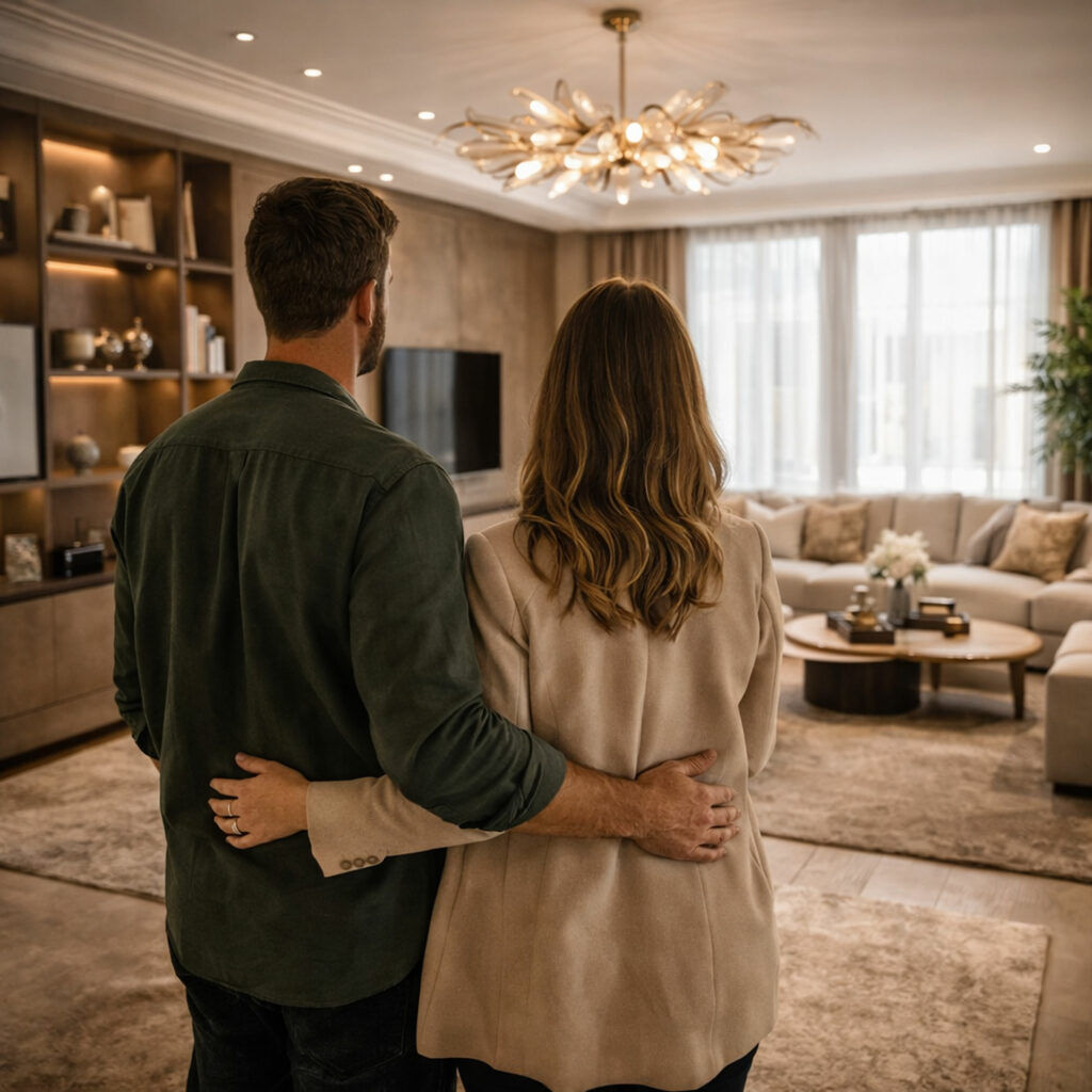 Paar betrachtet von hinten edles Wohnzimmer mit Stuckdecke und Designerleuchter - Exklusivarbeiten
