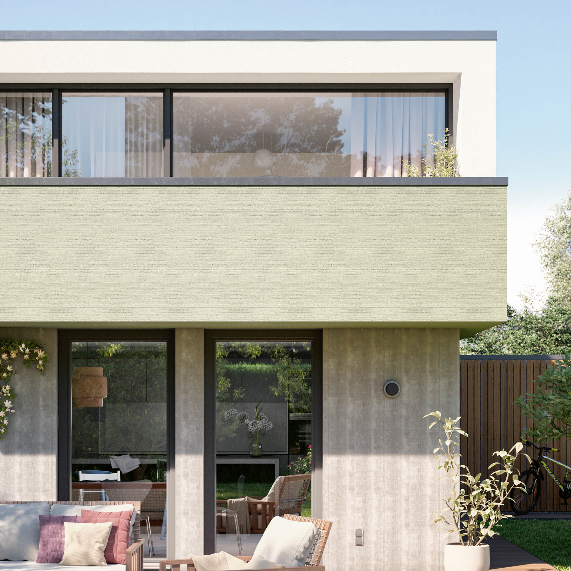 Modernes Doppelhaus mit pastellgrüner Putz-Akzentfläche und Sichtbeton - Fassadenarbeiten
