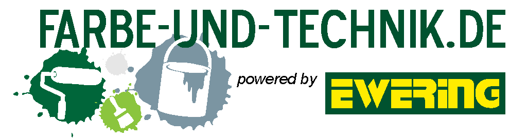 Logo „Farbe-und-Technik.de“ von Ewering mit Farbklecksen, Farbeimer, Pinsel und Ewering-Logo