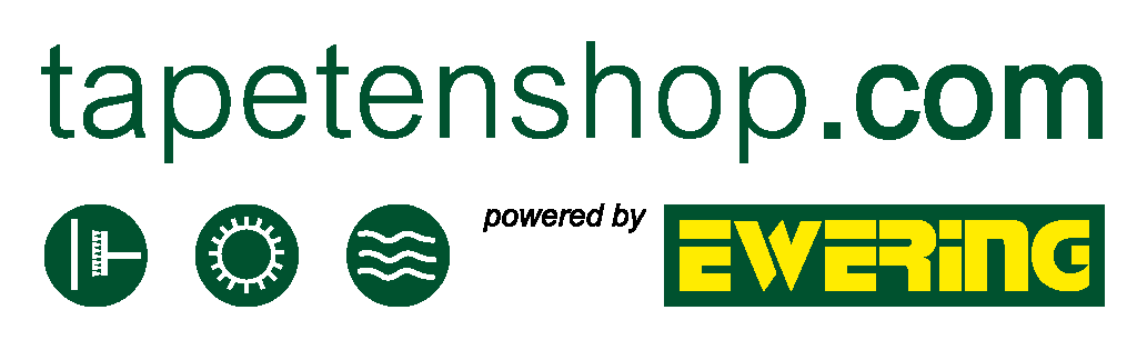 Logo „tapetenshop.com“ von Ewering mit grüner Schrift, Symbolen für Tapeten, Muster und Struktur sowie Ewering-Logo