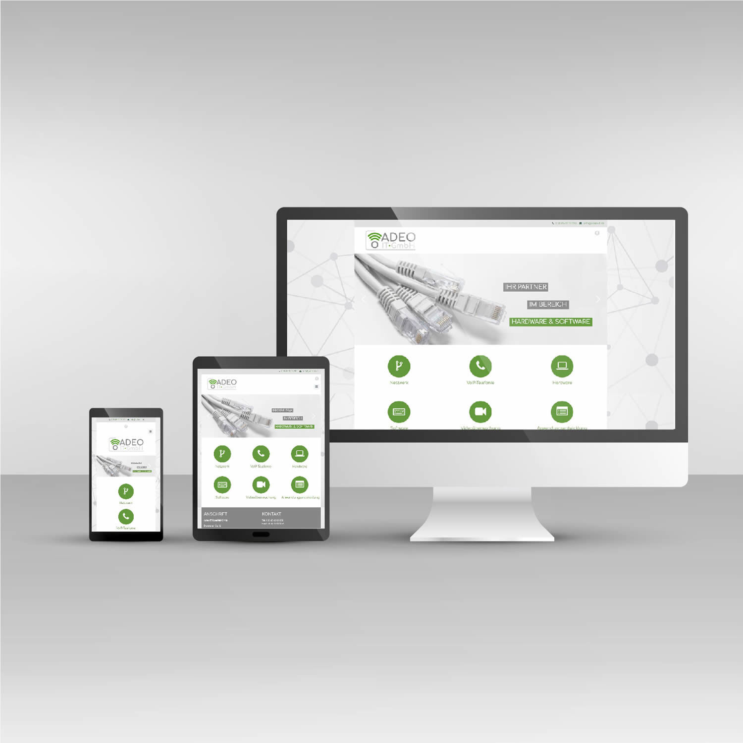 Responsive Mockup der ADEO IT Webseite auf Desktop, Tablet und Smartphone - Webdesign