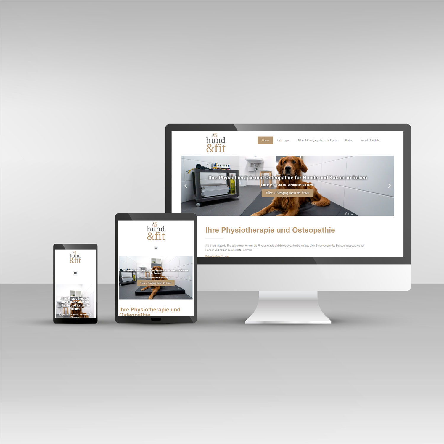 Responsive Mockup der hund&fit Webseite auf Desktop, Tablet und Smartphone - Webdesign
