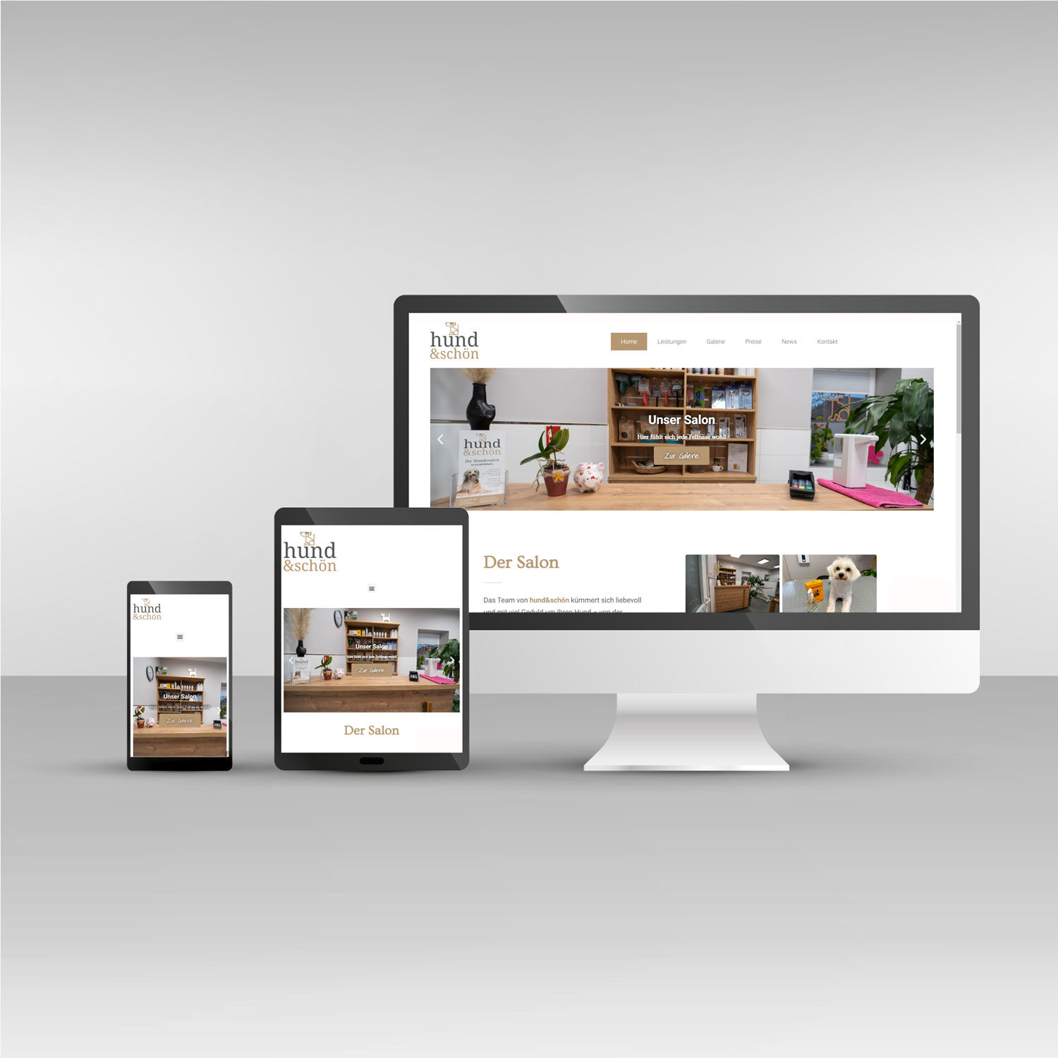 Responsive Mockup der hund&schön Webseite auf Desktop, Tablet und Smartphone - Webdesign