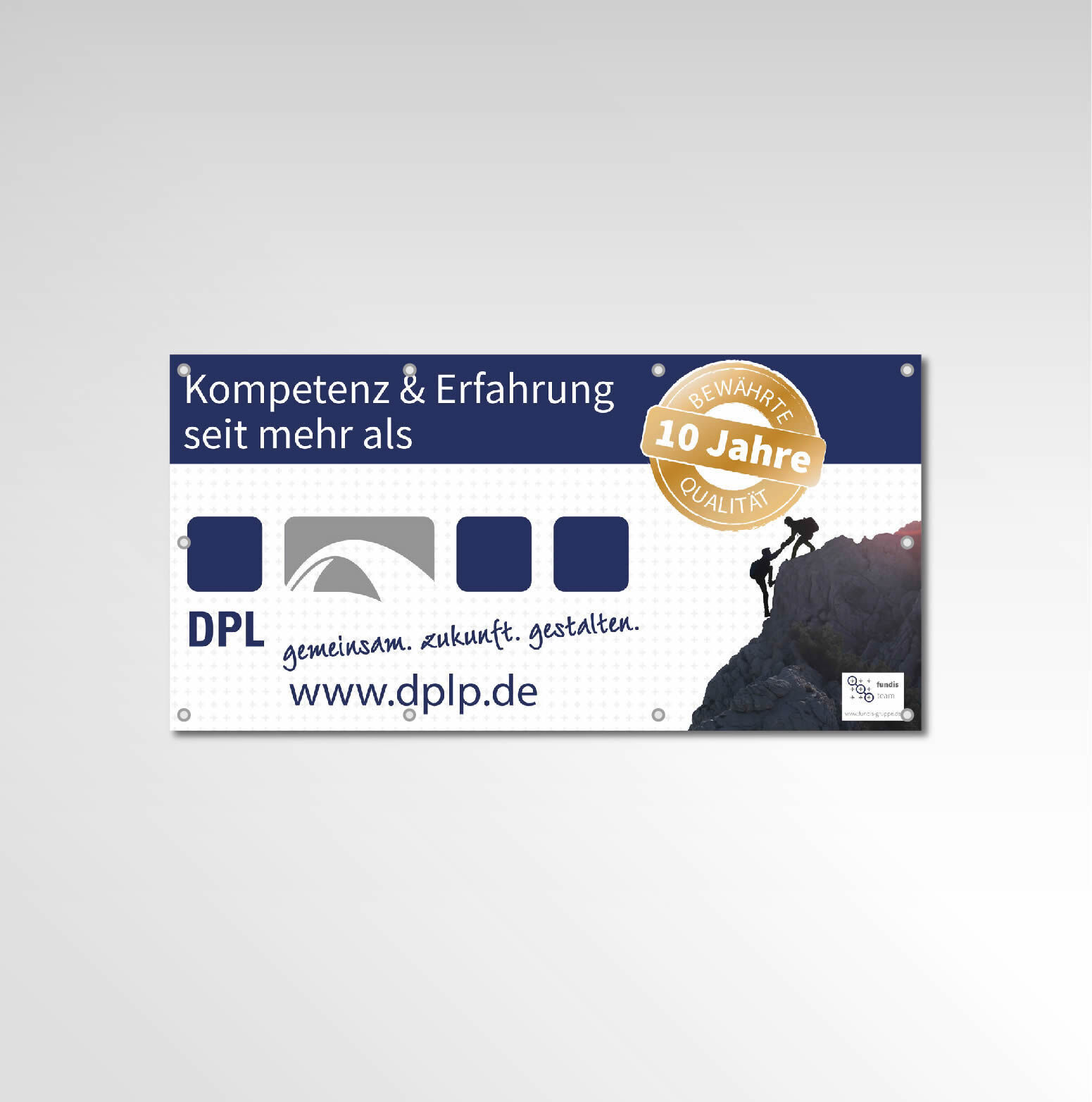 DPL-Banner zum 10-jährigen Bestehen mit Bergsteiger-Motiv und Logo - Grafikdesign Werbetechnik Banner