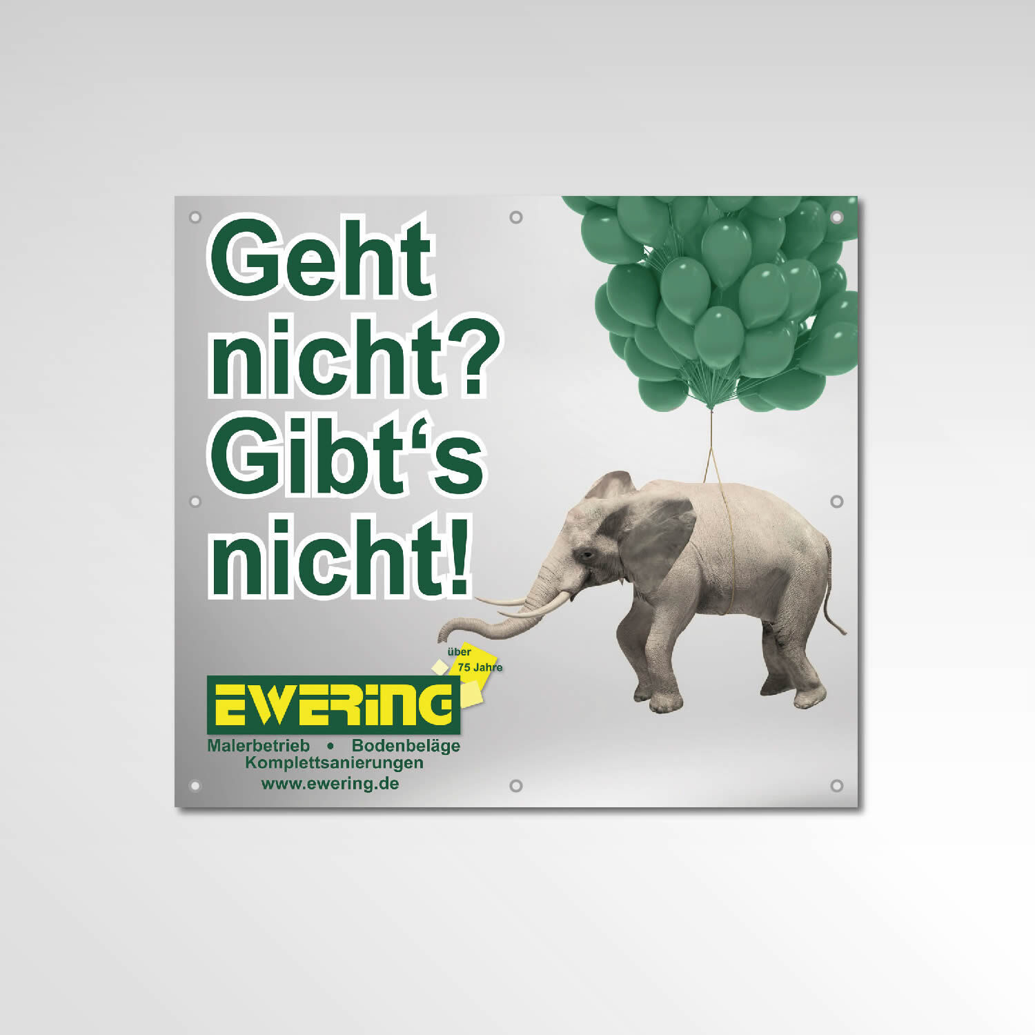 Großes Gerüstbanner mit Slogan Geht nicht, gibt's nicht und Elefantenmotiv - Grafikdesign Werbetechnik