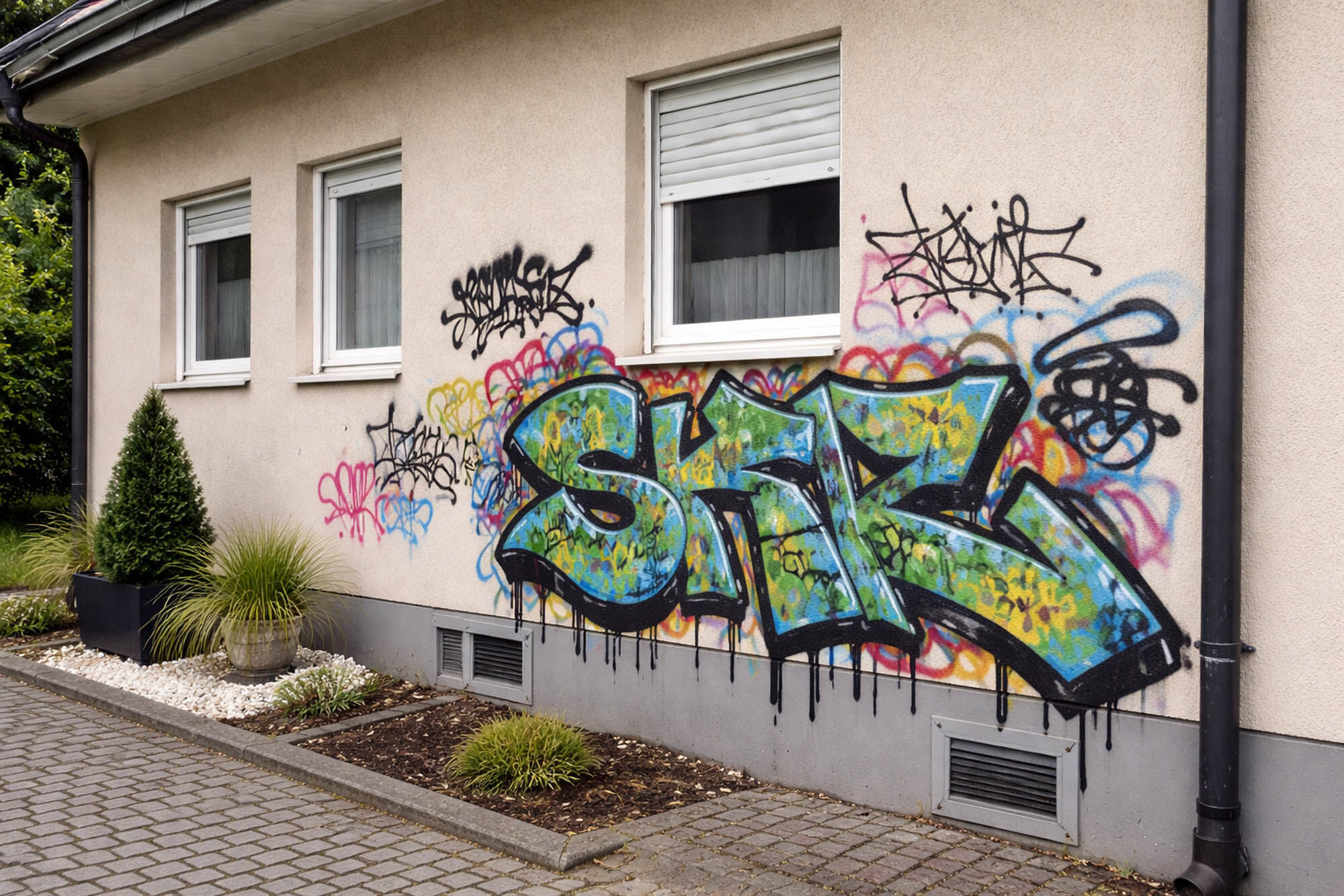 Wohnhaus-Fassade mit großflächigen bunten Graffiti vor der Reinigung - Graffitientfernung