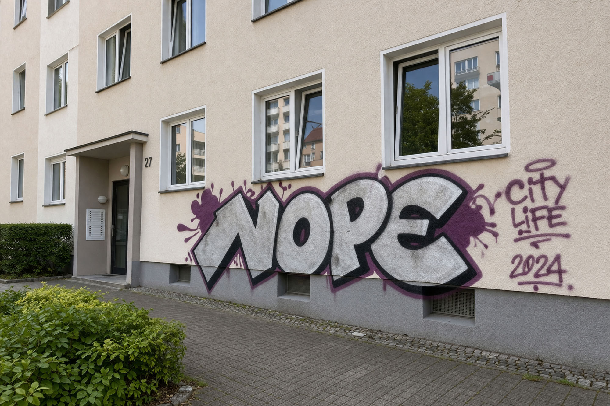 Mehrfamilienhaus mit großem NOPE-Graffiti im Eingangsbereich vor Reinigung - Graffitientfernung