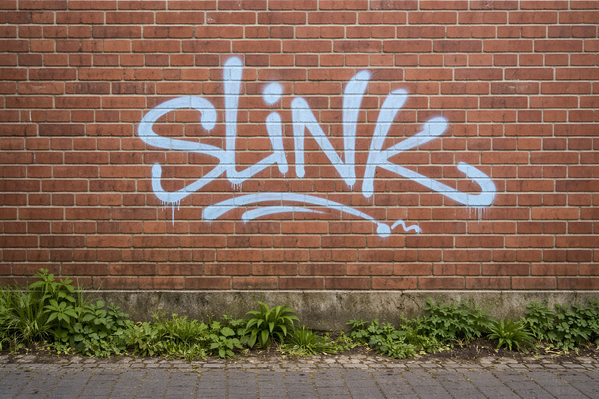 Klinkermauer mit weißem SLINK-Graffiti vor der professionellen Reinigung - Graffitientfernung