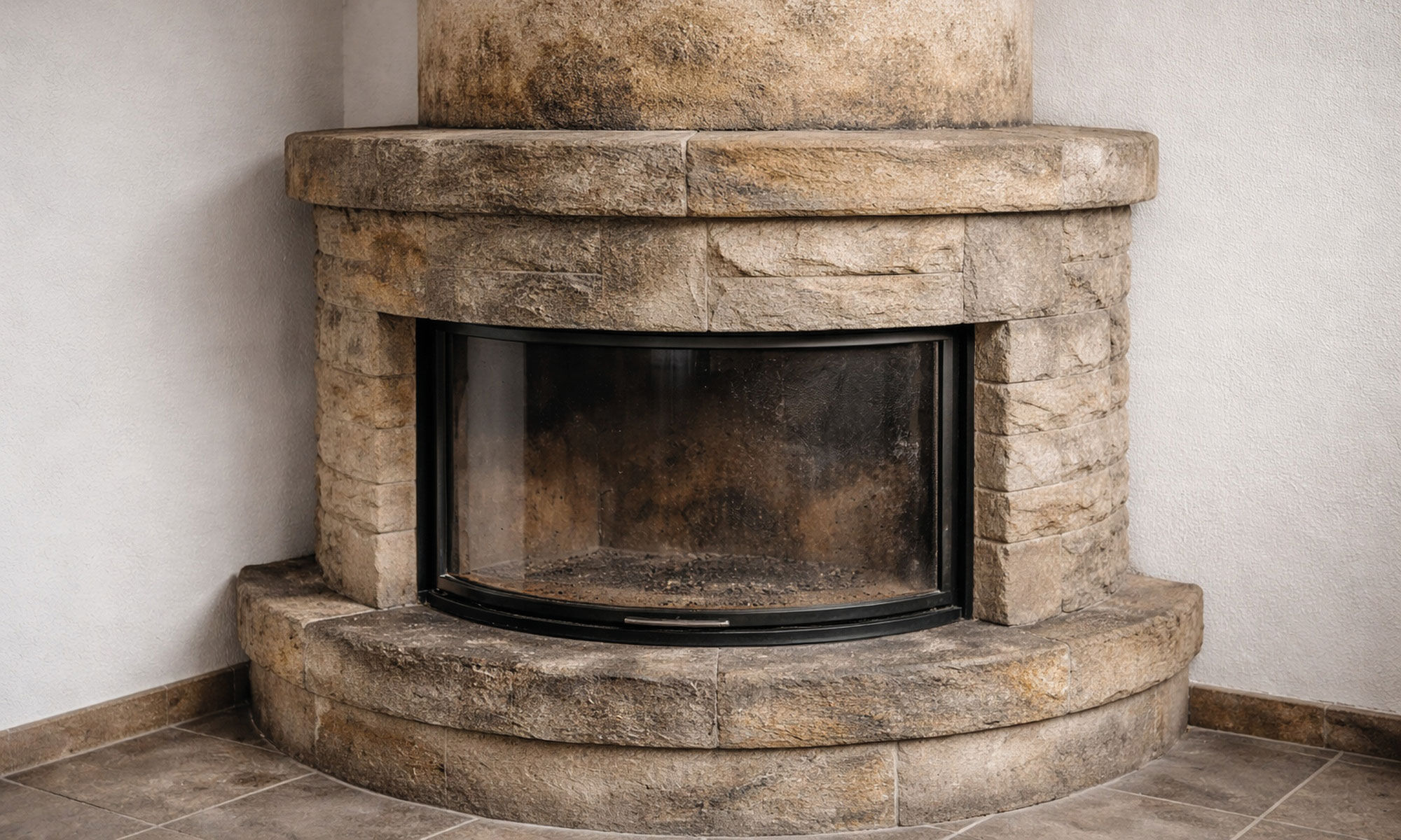 Verrußter Sandsteinkamin mit Glasscheibe und dunklen Verfärbungen - Untergrundreinigung