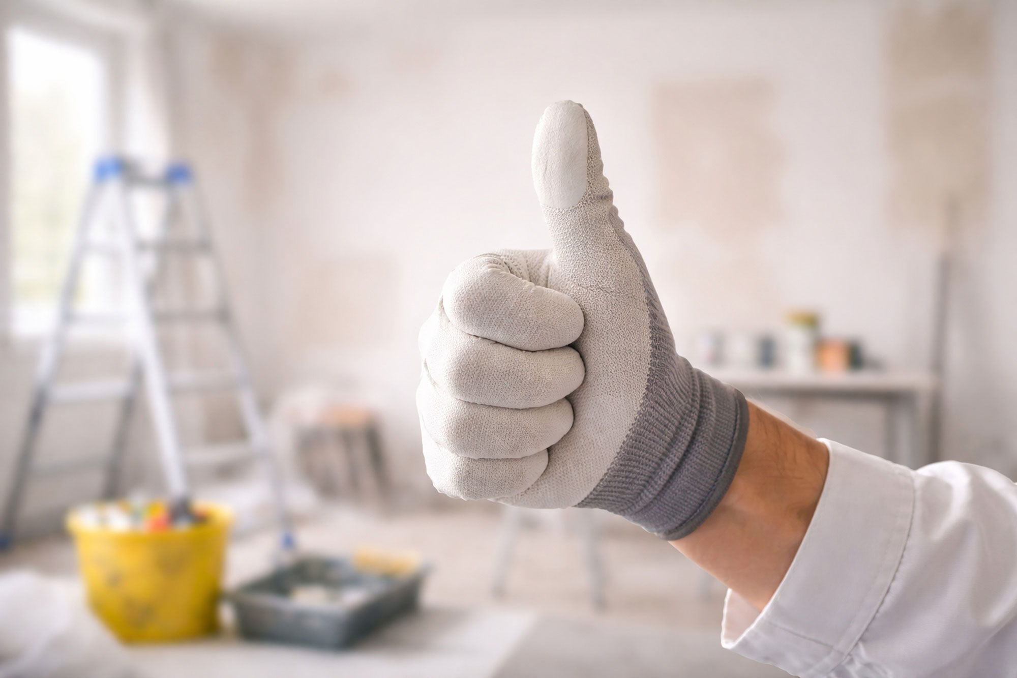 Hand mit Arbeitshandschuh zeigt Daumen hoch vor renoviertem Innenraum mit Leiter und Werkzeug.