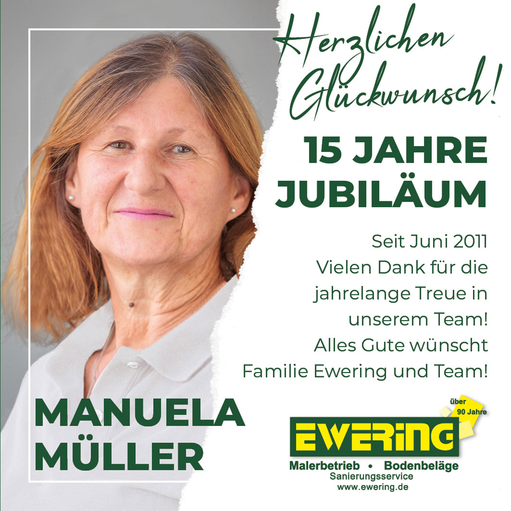 Jubiläumsanzeige Manuela Müller Ewering Berlin GmbH Mitarbeiter 15 Jahre Jubiläum