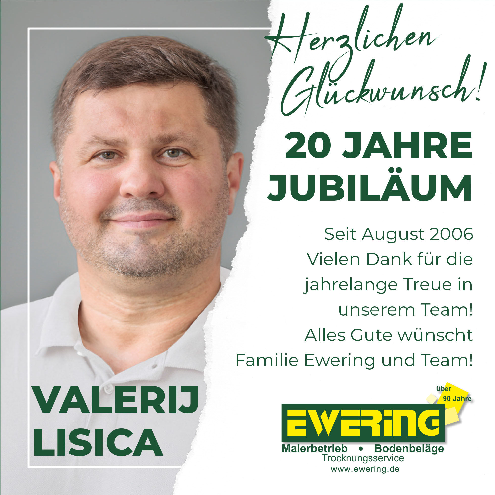 Jubiläumsgrafik von Ewering zum 20-jährigen Mitarbeiterjubiläum von Valerij Lisica mit Porträt, Glückwunschtext und Ewering Logo