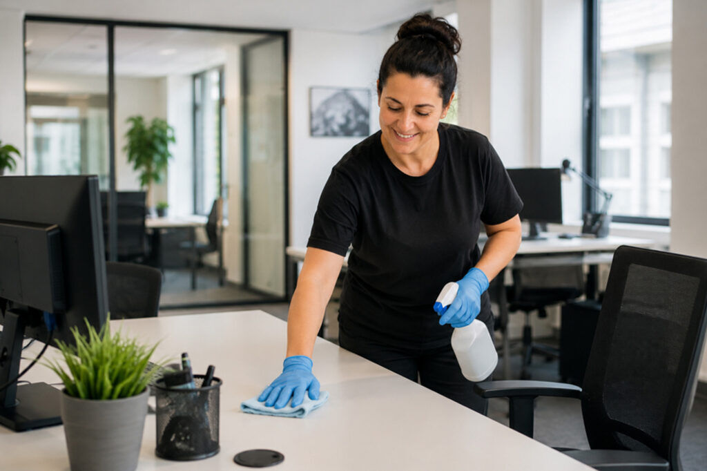 Ewering Mitarbeiterin reinigt einen Schreibtisch in einem modernen Büro mit Tuch und Sprühflasche