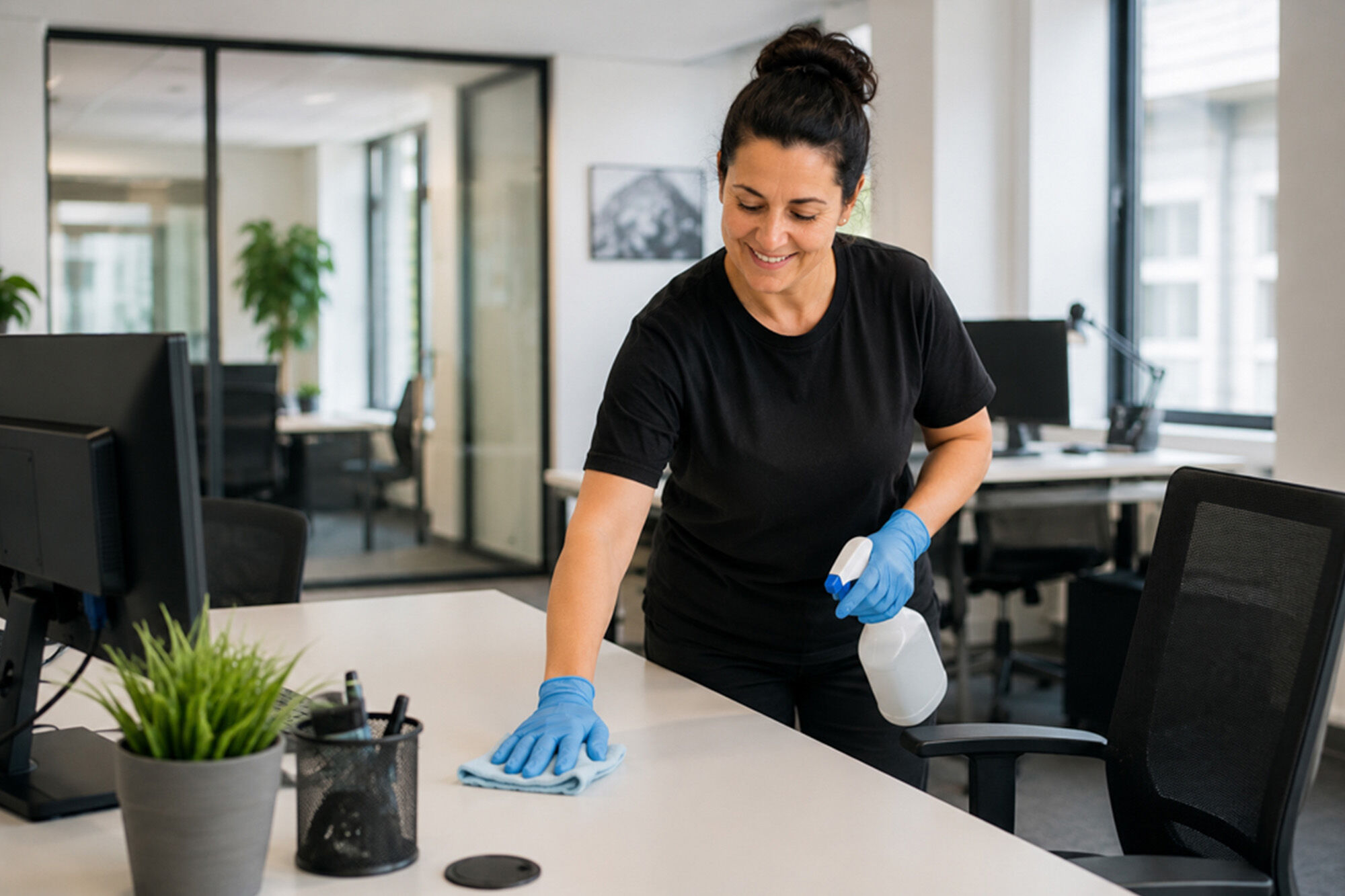 Ewering Mitarbeiterin reinigt einen Schreibtisch in einem modernen Büro mit Tuch und Sprühflasche