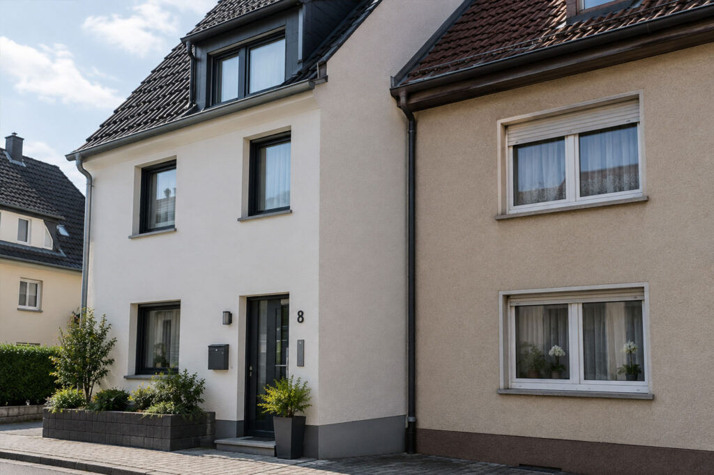Direkt aneinandergebaute Wohnhäuser als Beispiel für Grenzbauten, bei denen eine Innendämmung sinnvoll sein kann