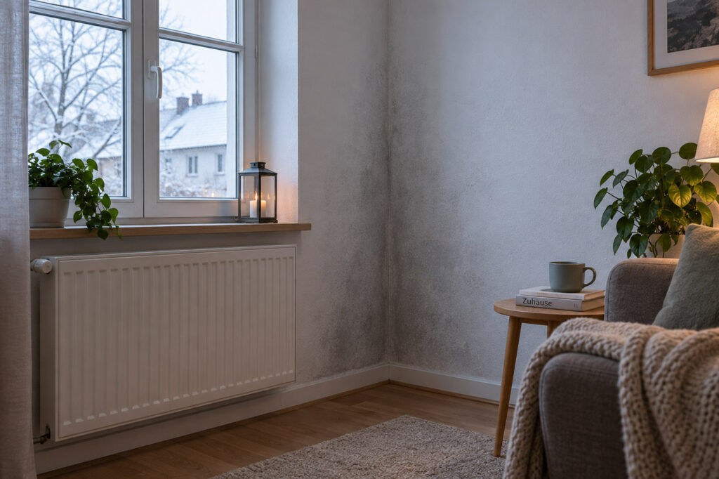 Kühler Wohnraum mit Außenwand und sichtbaren Feuchtespuren als Beispiel für wenig genutzte oder schwach beheizte Räume